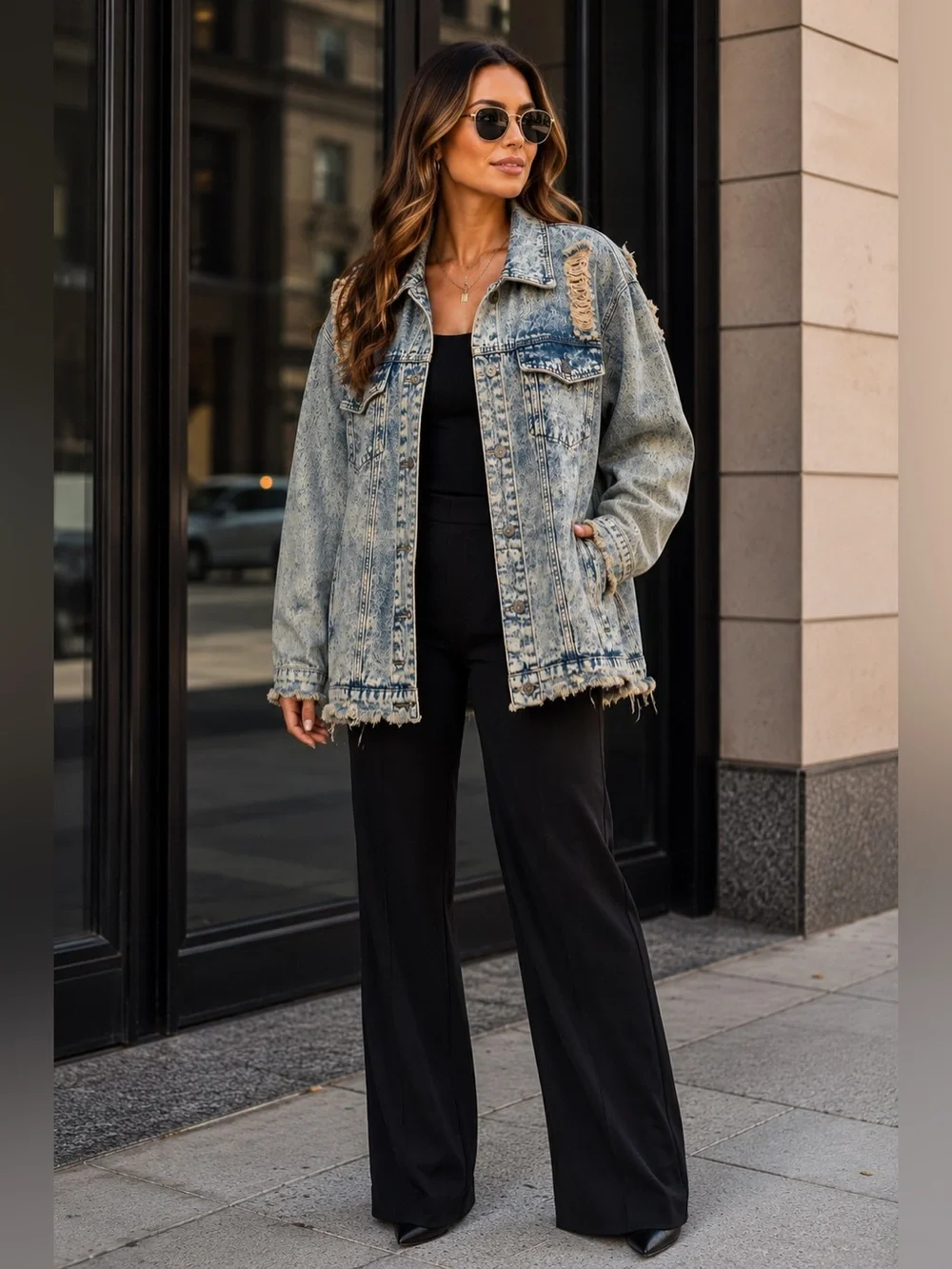 I&B Icky & Blessed Denim Jacket Womens L Acid Wash Distressed Oversized Frayed